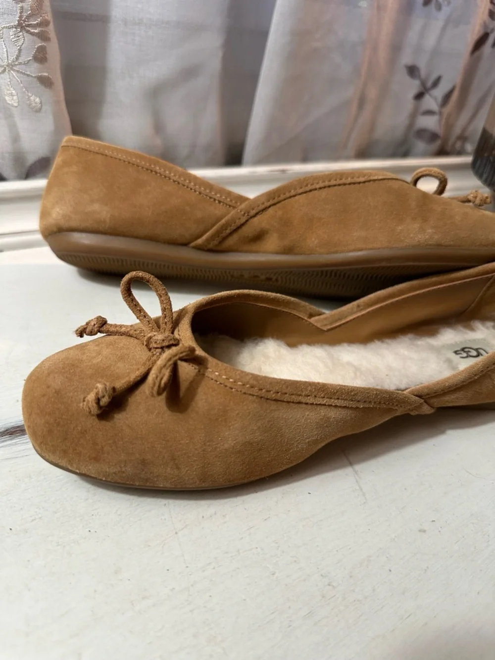UGG Chestnut Suede Shearling Ballet Flats with Bow - Picture 7 of 11